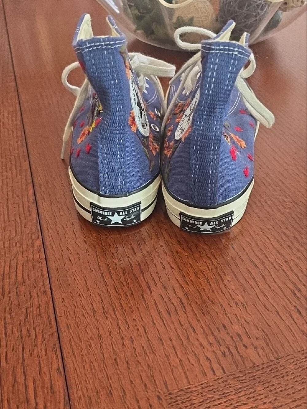 Custom Made Converse Kids Blue High-Top Sneakers with Orange Floral Embroidery